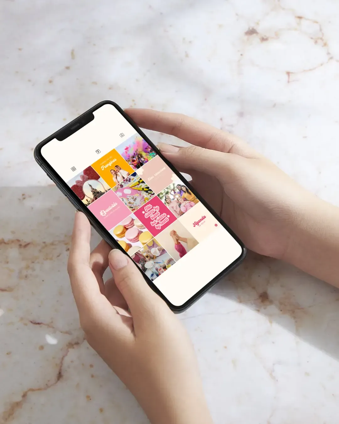 Aperçu d'un feed Instagram imaginé pour Frangines, aux tons roses, orange et crème, sur un smartphone